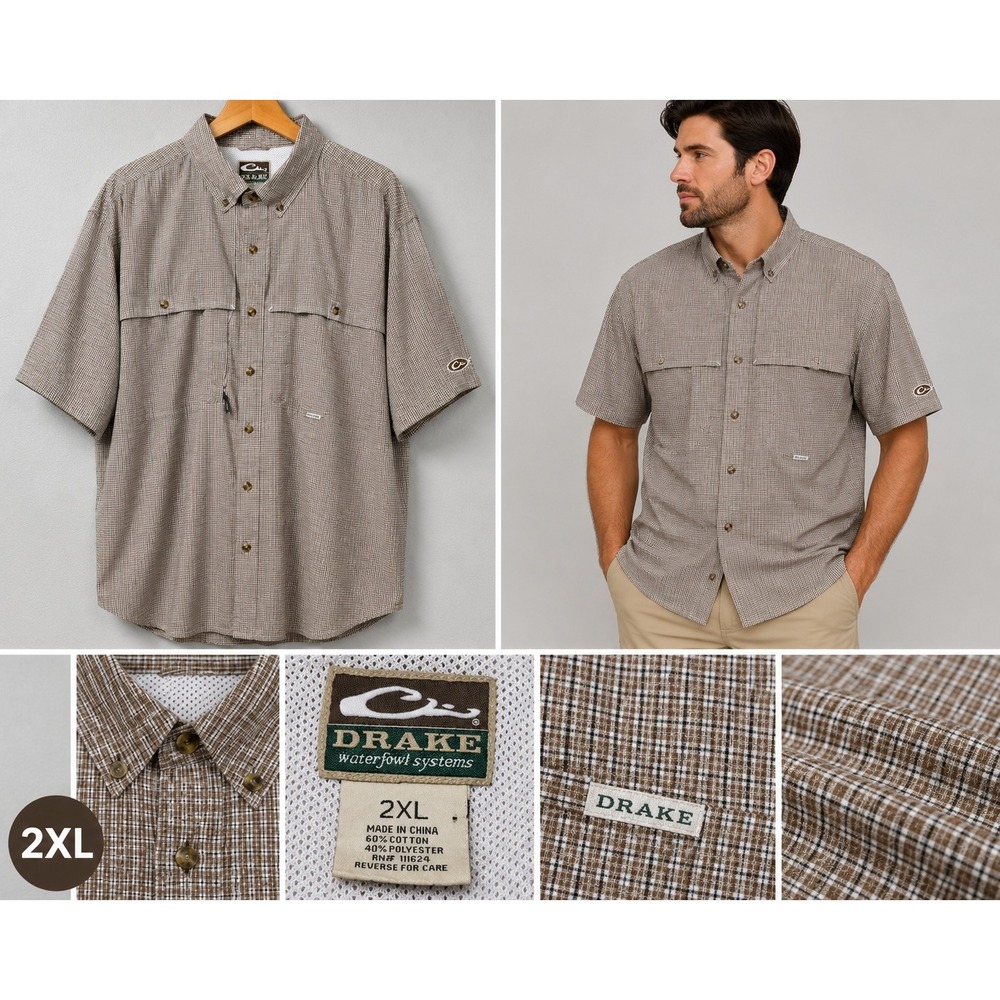 Drake Waterfowl Mens 2XL Short Sleeve Button Down Fishing Shirt Brown Plaid